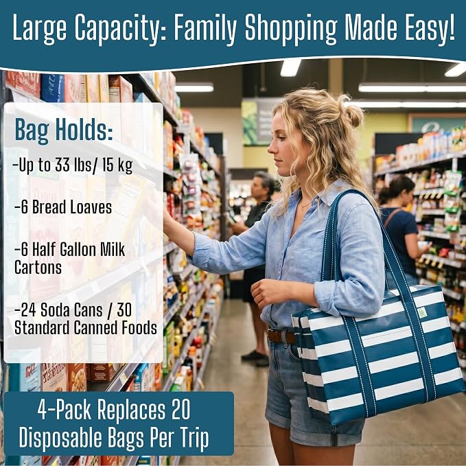 VENO 4 Pack Utility Tote Reusable Grocery Bags with Zipper & Hard Bottom | Heavy Duty Foldable Water-Resistant Shopping Bags for Summer Beach, Picnic & Travel Carry-on (Classic Navy Stripe, 4 Pack) - Image 4