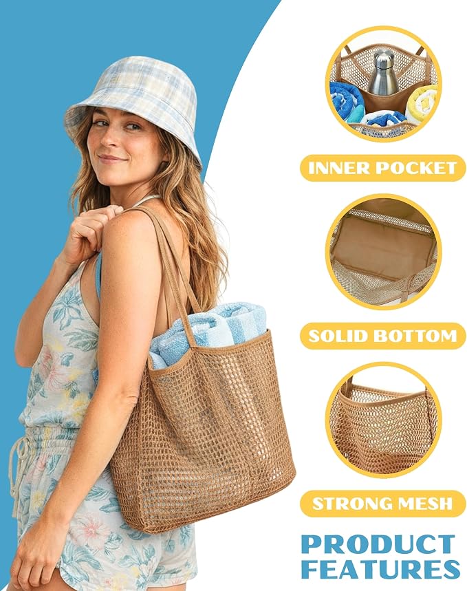 Rave Envy Large Mesh Beach Tote Bag - Waterproof Pool & Travel Beach Bag | Large Capacity | Sturdy Base | Lightweight Foldable Design | Quick-Drying Breathable Fabric | Spacious Multi-Pocket Storage - Image 2