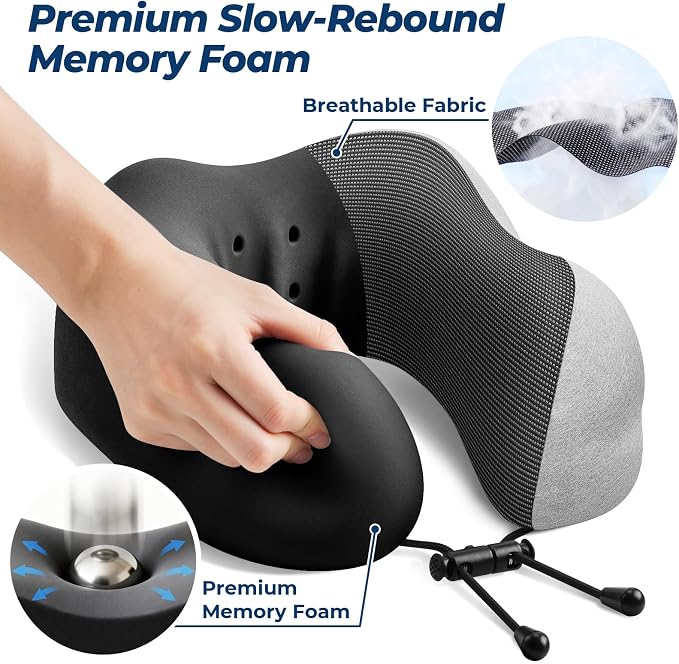 ExploreBliss Travel Pillow, Neck Pillow Airplane, Light Grey | Travel Pillows for Airplanes, Neck Pillow Airplane, Memory Foam Neck Pillow Set with Eye Mask, Earplugs - Image 3