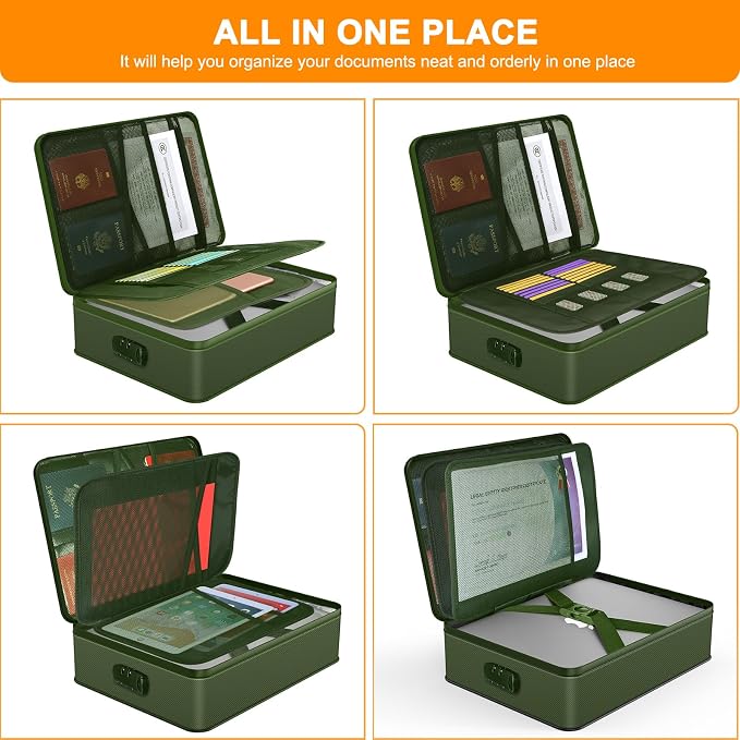 5200℉ Fireproof Document Box with Lock 16.1"x11.4"x4.3"- 8 Layers | Home ,Travel ,Strong, Water Resistant,Safe Storage Document Storage Organizer for Important Documents and File,Green - Image 3