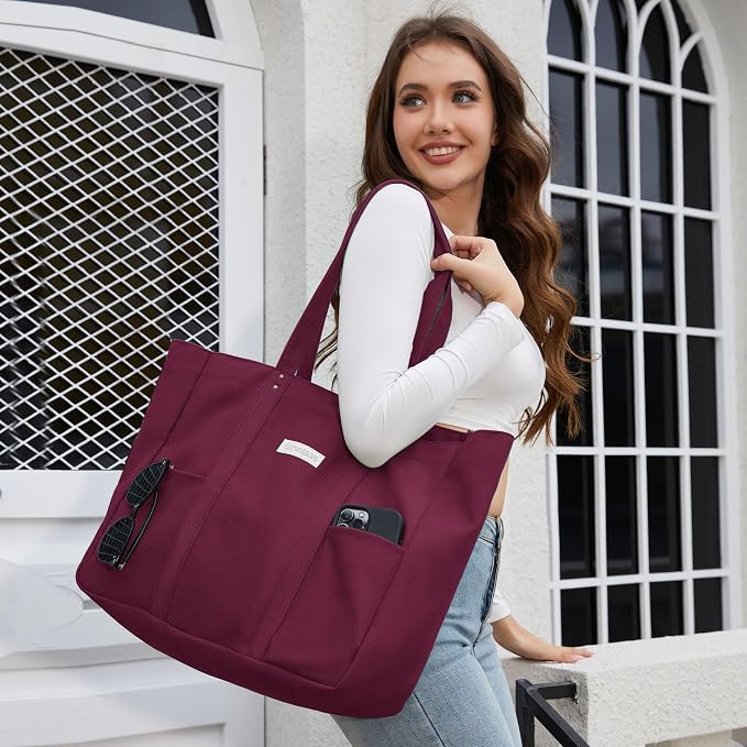HOMESPON Large Canvas Tote Bag, Magnetic Work Laptop Pack for Women | Everything Bag, Multi Pockets, Internal Laptop Sleeve - Image 2