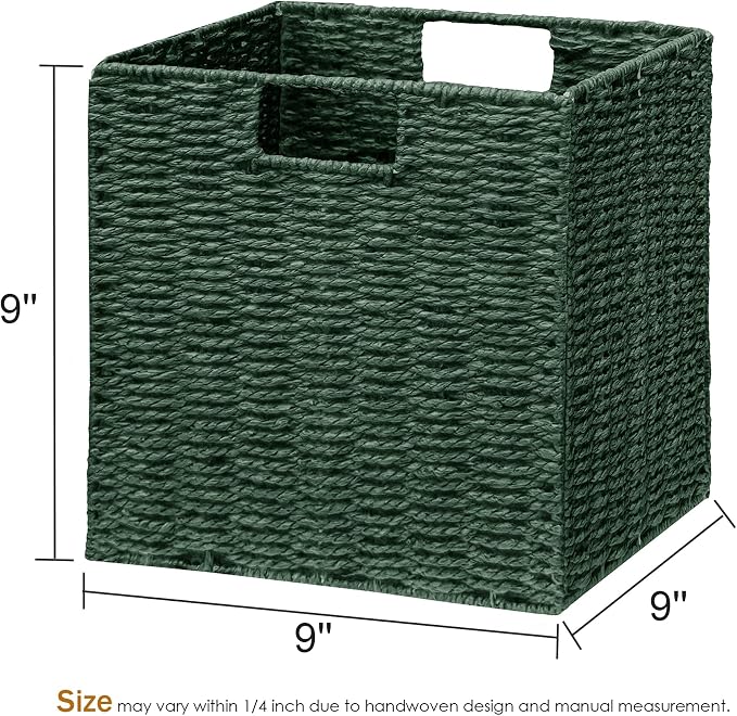 Wicker Storage Basket, Set of 2 Hand-Woven Paper Rope Wicker Basket, Foldable Cube Storage Bins, 9 inch Square Storage Baskets for Organizing Shelves & Decor, Green (9″×9″×9″) - Image 2