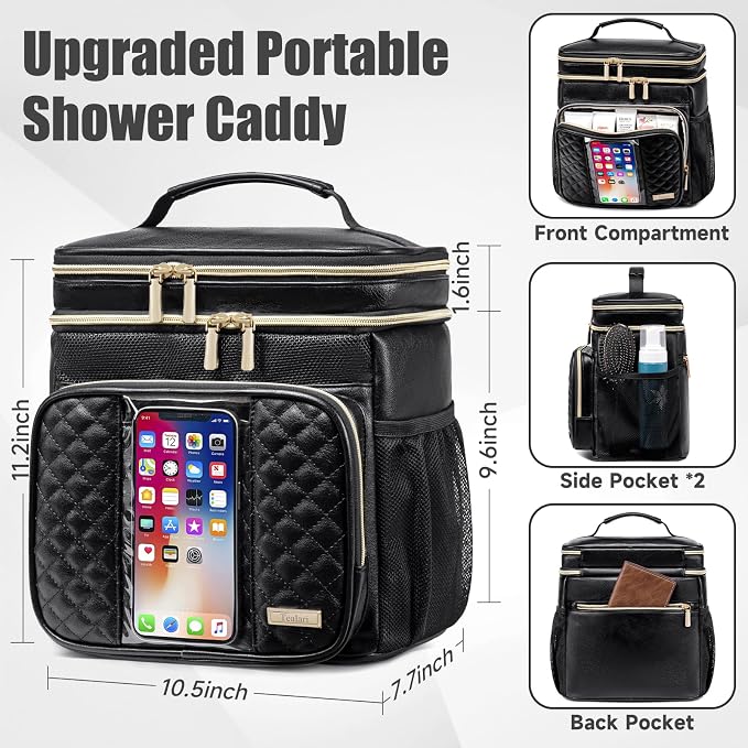 Large Leather Toiletry Bag for Women Men,Bathroom Bag,Water Resistant Shower Bag,Makeup Bag,Portable Shower Caddy for College Dorm,Hanging Travel Toiletry Bag with Transparent Waterproof Phone Pocket - Image 4
