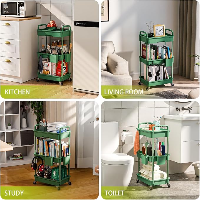 Sorgion 3 Tier Rolling Cart Organizer,Laundry Room Bathroom Organizers and Storage Office Shelves Mobile Shelving Unit Kitchen Trolley Cart with Wheels for Art,Craft,Diaper,Bedside,Snack(Green) - Image 6