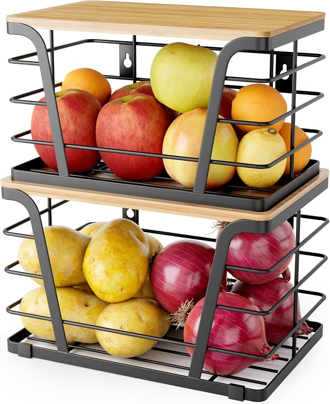 TIDIIABODE 2 Pack Extra Large Pantry Storage Organizers, Pantry Baskets organization, Potato and Onion Storage Bin, Wall Mount Trash Bag Storage for 13-33 Gallon Bags with Bamboo Top, Black by TrashBagHolder