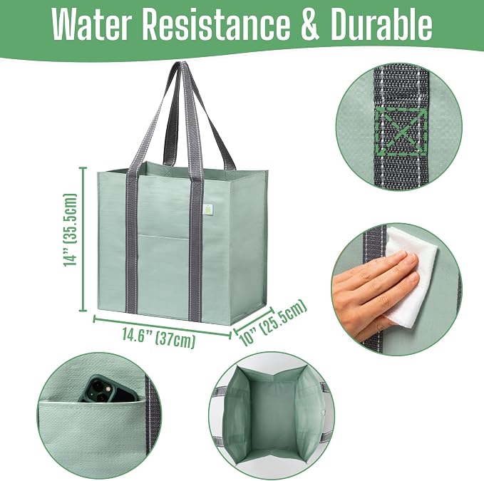VENO 4 Pack Large Grocery Bag Reusable Shopping Bags with Hard Bottom | Utility Tote with Reinforced Handles, Heavy Duty, Foldable, Stand Upright, for Groceries Shopping Cart Storage(Green, 4 Pack) - Image 3