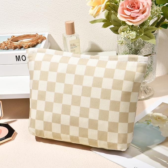 SOIDRAM 2 Pcs Checkered Makeup Bag Large Cosmetic Bag Toiletry Bag Makeup Pouch Travel Bag Organizer Cute Makeup Brushes Aesthetic Accessories Storage Bag for Women Brown Checkered - Image 7