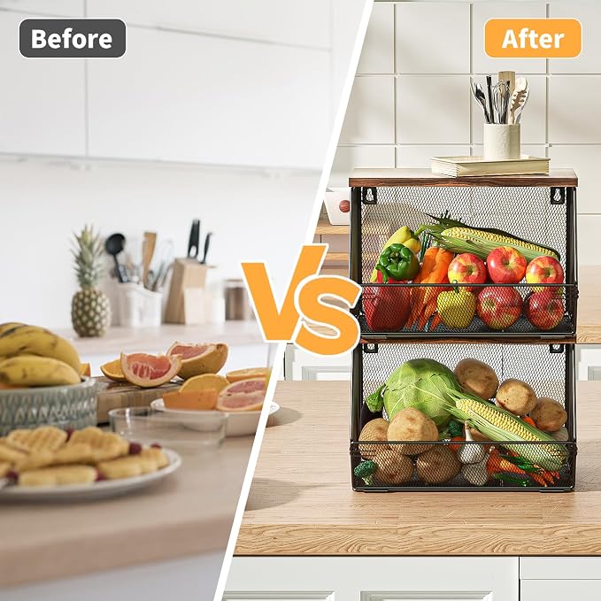Stackable Fruit Basket for Kitchen Countertop Space Saving, Wall Mounted Mesh Metal Wire Basket with Wood Lid Extra Storage, 2 Pack Kitchen Counter Organizer for Snack, Onion and Potato Storage, Black - Image 3