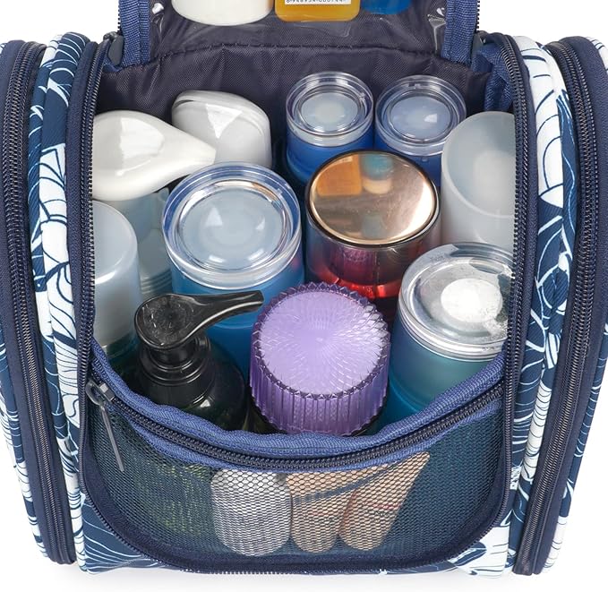 Narwey Small Hanging Travel Toiletry Bag Cosmetic Make up Organizer for Women and Men (Medium, Blue Lotus) - Image 3