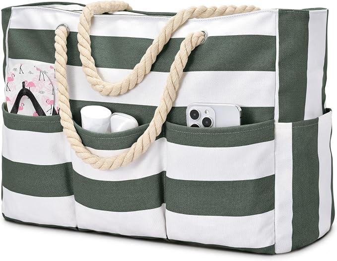 Becokan Beach Bags for Women Canvas Large Beach Tote Bag Zipper Waterproof Sandproof Foldable Swim Pool Bag with 7 Pockets by BecokanBeachBagSpecialist