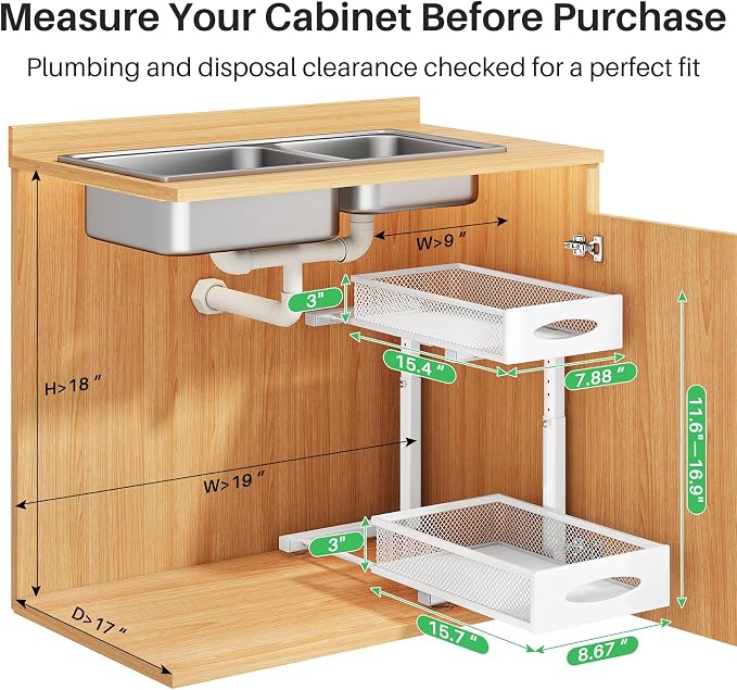 Under Sink Organizer, 2 Tier Pull out Cabinet Organizer Baskets with Mesh Sliding Drawers, Slide out Storage Shelf for Home, Kitchen, Bathroom, Pantry, Office Cabinet(1 Pack, White) - Image 2