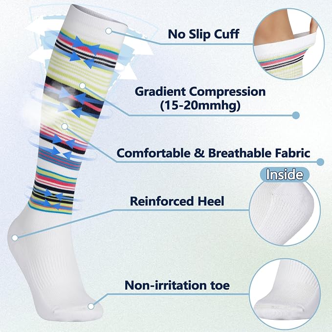 +MD Cotton Compression Socks for Women & Men 4/6 Pairs 15-20mmHg Knee High for Sports, Travel, Nursing Long Sitting Standing - Image 2
