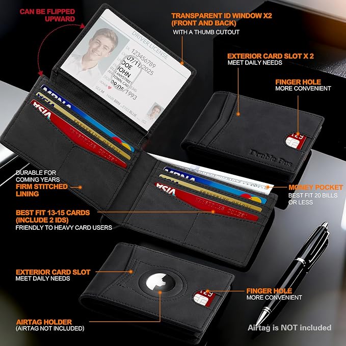 Wallet for Men Slim RFID Blocking Bifold Carbon Fiber,Minimalist Small Compact Front Pocket Credit Card Holder,Thin Mens Leather Wallets Smart Security With 2 ID windows 1 Cash (Crazy Horse Black) - Image 6