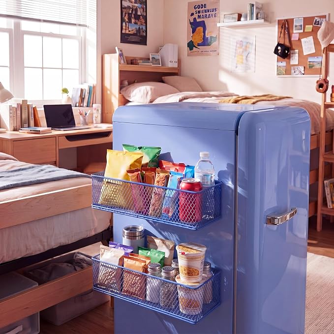 FoldTier 2 Pack Blue Magnetic Basket Dorm Mini Fridge Shelf Organizer Kitchen Storage Bin Container Spice Holder for Locker Refrigerator Pantry Dorm Essentials (13.8 x 3.1 x 4.9 Inch) - Image 6