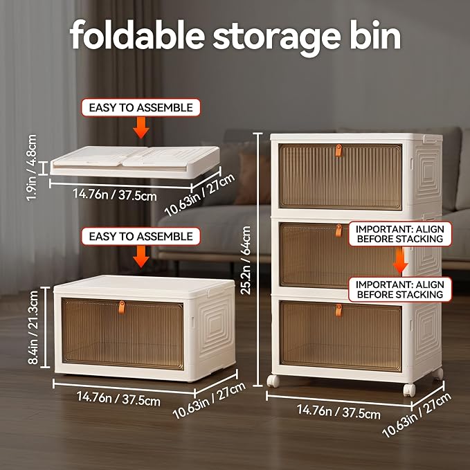 LDQ Storage Bins with Lids, 3 Tier 69QT Stackable Storage Cabinet, Foldable Closet Organizer with Doors & Wheels, Plastic Storage Drawers for Bedroom, Living Room, Bathroom - Image 8