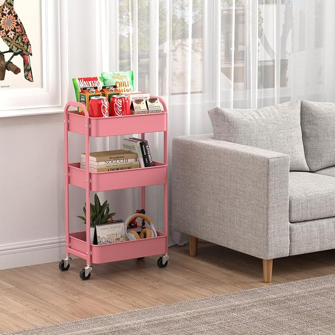MAX Houser 3-Tier Rolling Utility Cart with Caster Wheels,Easy Assembly, for Kitchen, Bathroom (Pink) | Easy Assembly, multi-purpose storage trolley for kitchen, rolling cart with smooth caster wheels for bathroom - Image 6