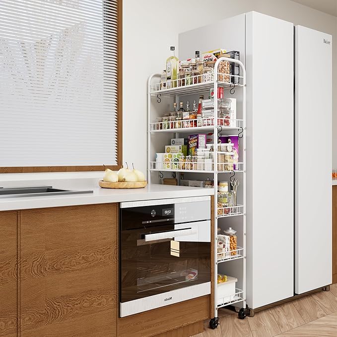 6 Tier Slim Rolling Storage Cart with Wheels, Metal Mobile Shelving Unit Organizer Utility Cart for Office Bathroom Kitchen Laundry Room Narrow Places (White 10 Inches) - Image 2