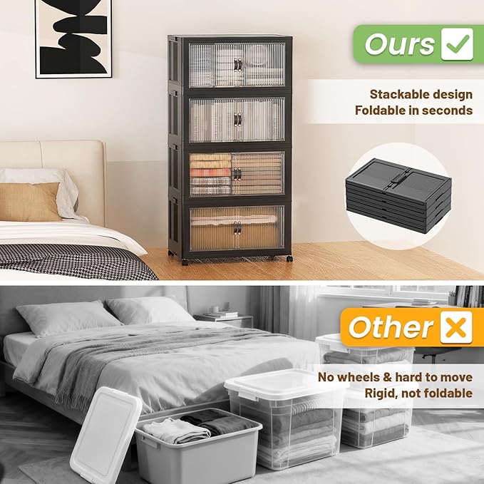 SAILUN 260Qt Stackable Storage Bins,Storage Cabinet with a Lid,4 Pack Black | Stackable Storage Drawers with Lids,22" W x 13" D x 50" H,Featuring open-front Access for Clothes and Closet Storage - Image 6