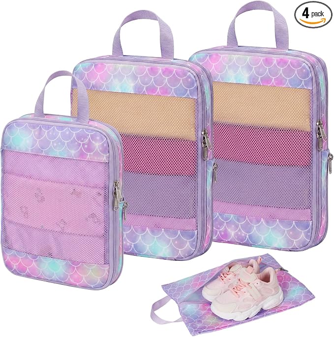 Kids Compression Packing Cubes - 4 PCS Sets, Purple Memarid | Water Resistant 4 Piece Set with Shoe Bag, Toddler Suitcase Organizer Set, Expandable Storage for Luggage by BrainyBees
