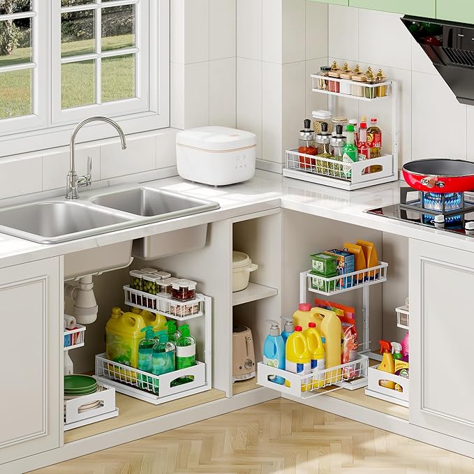 Under Sink Organizer, 1-Pack L-Shaped Metal Pull-Out Drawers for Kitchen | Cabinet Organizer Height Adjustable Heavy Duty Metal 2-Tier Storage Fits Beside Common Pipes for Bathroom Pantry - Image 6