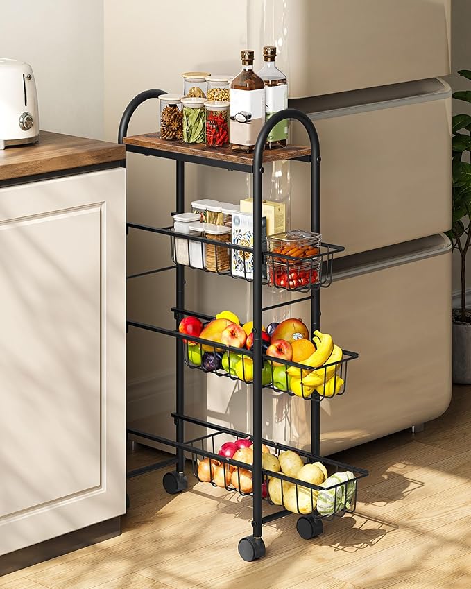 Slim Storage Cart, Storage Shelf on Wheels, Storage Rack with Pull-Out Baskets, Movable Cart with Handles, for Kitchen, Laundry Room, Living Room, Black and Rustic Brown TTC05BF by Choezon