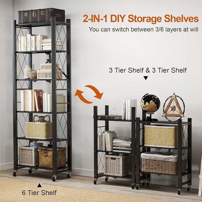 6-Tier Foldable Storage Shelves with Wheels Folding Bookshelf no Assembly | Folding Metal Shelf Unit, Collapsible Shelves for Craft Shows for Kitchen, Bedroom, Living Room, Black - Image 4