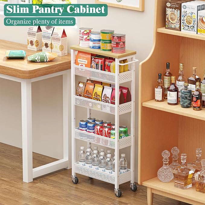 Slim Storage Cart 5 Tier Narrow Kitchen Rolling Cart on Wheels for Small Space, Metal Utility Cart Narrow Bathroom Storage Cabinet Mobile Shelf Unit Organizer with Wood Top and Handle, White - Image 4