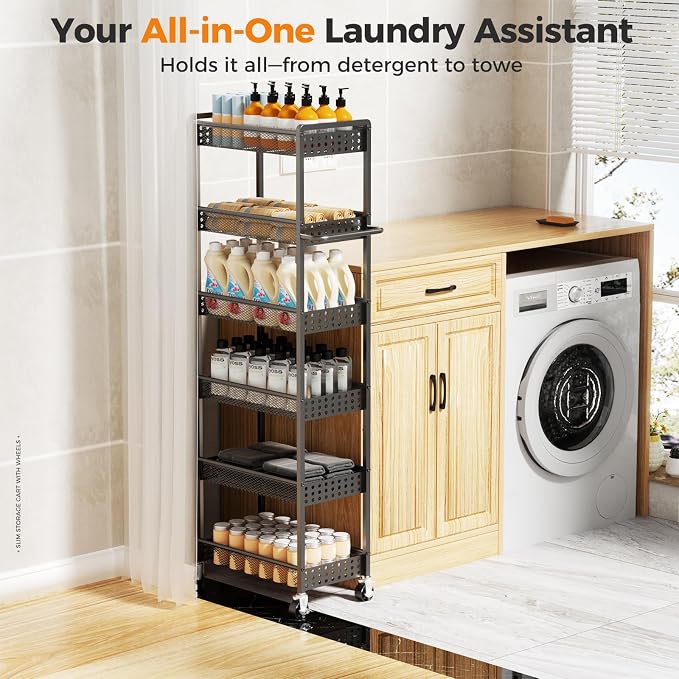 6 Tier Slim Storage Cart with Wheels, 10" D Rolling Storage Cart for Small Space, Metal Narrow Spice Cabinet Mobile Shelving Unit Organizer with Handle for Kitchen, Laundry - Black - Image 8