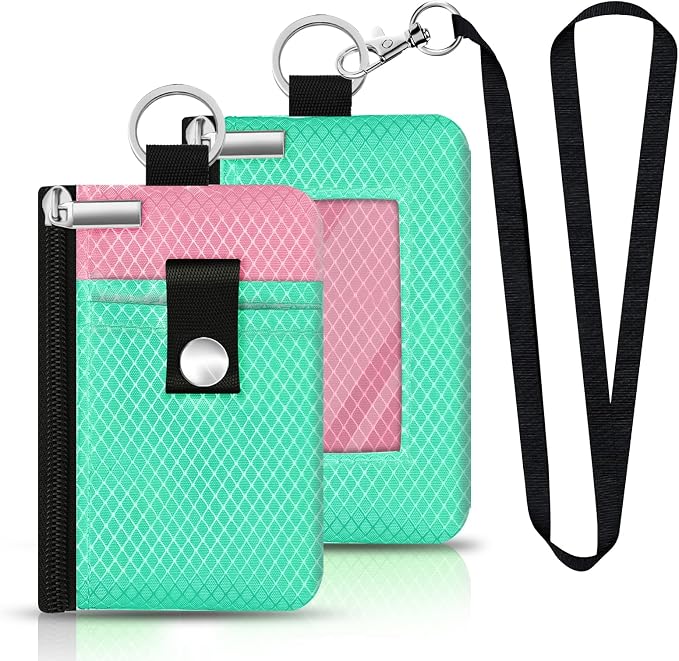 Minimalist RFID Blocking Small Wallet with ID Window,WaterResistant Zip Id Case Wallet with Lanyard Keychain for Cards,Cash,Travel,Women,Men (Mint Green/Pink) - Image 3