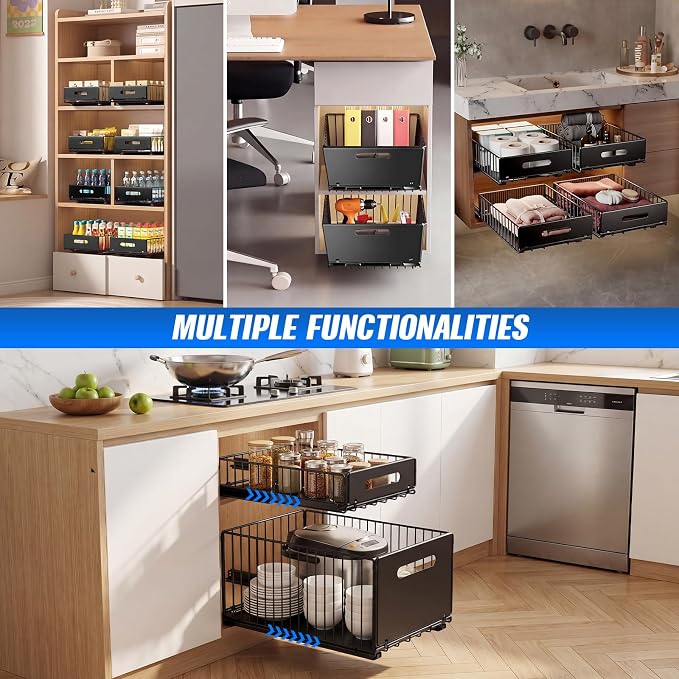 Pull Out Cabinet Organizer, No Drill Slide Out Drawer 2 Pack Black | Heavy Duty Carbon Steel Wire Basket, Adhesive Install, Foldable, 9.44 x 7.08 in, Kitchen Under Sink Pantry Bathroom - Image 7
