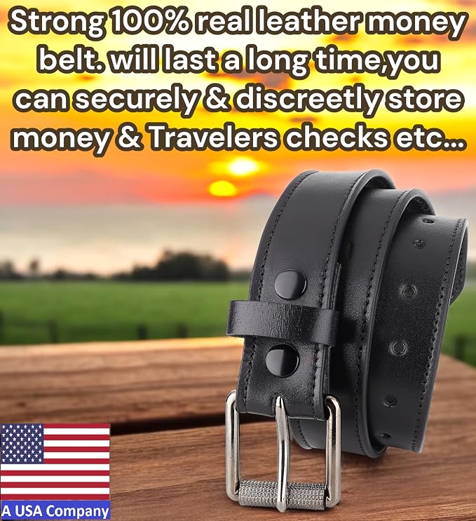 F&L CLASSIC Men’s Money Full Grain leather Belt, Hidden zipper Pocket, - Image 2