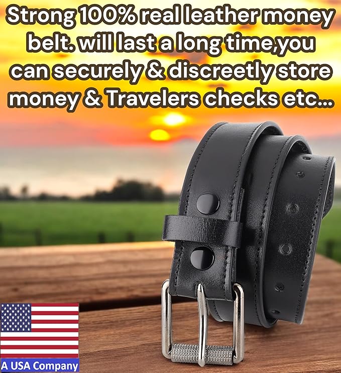 F&L CLASSIC Men’s Money Full Grain leather Belt, Hidden zipper Pocket, - Image 2