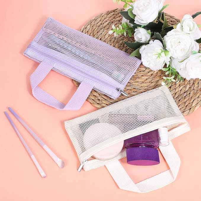 2 Pcs Toothbrush Bag, Mesh Travel Bags Toothbrush Pouch Small Toiletry Pouch Mesh Travel Organizer Bags Portable Makeup Bag Square Storage Holder with Zipper for Men and Women (White, Purple) - Image 7