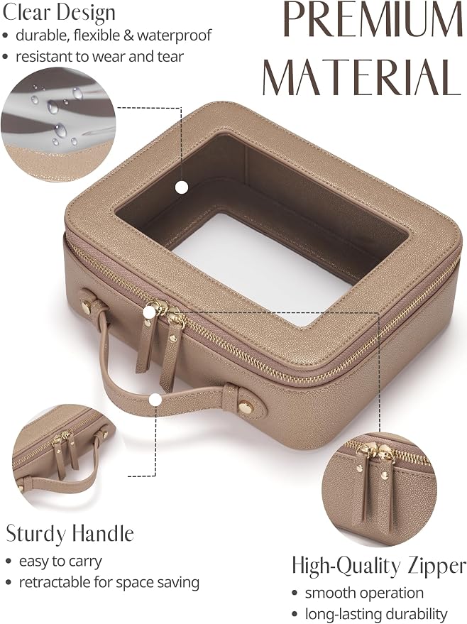Clear Makeup Bag Travel Cosmetic Case Transparent Toiletry Bag with Zipper, Portable Make Up Organizer Traveling Compact Car Bag for Essentials, Gold, Large - Image 2