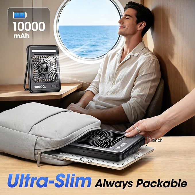 10000mAh Portable Travel Fan, 5 Speeds Strong Wind Cruise Fan with LED Lantern, 24H Runtime Personal Rechargeable Fan, 2/4/6/8H Timer, Ultra-thin Quiet Desk Fan for Camping, Office, Bedroom, Beach - Image 2