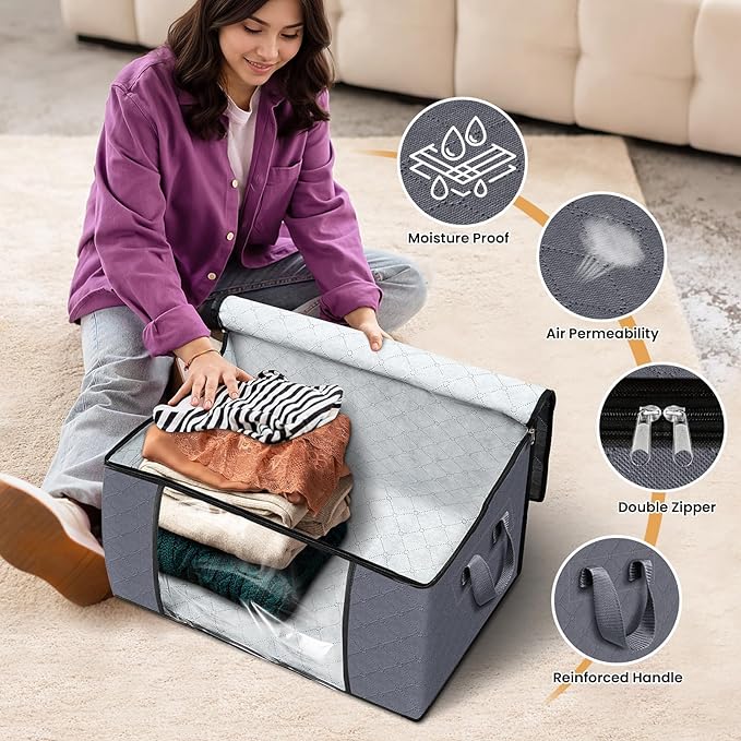 6 Pack Storage Bags for Clothes Blanket Storage Bins with Lids | Foldable Closet Organizers with Zippers,Window and Handles,Fabric Storage Bins for Sweater,Comforter,Bedding,Dorm essentials - Image 4
