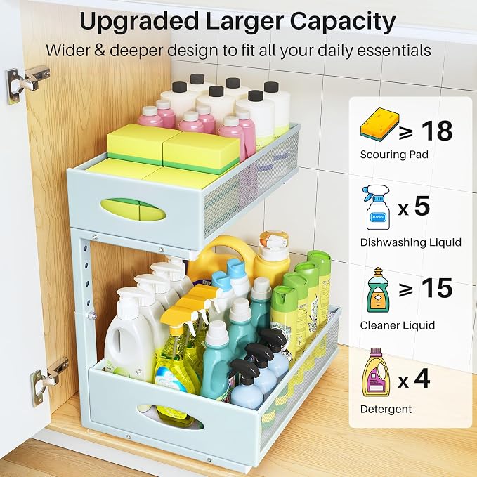 Under Sink Organizer, 2 Pack 2 Tier Pull Out Under Cabinet Organizer Shelf with Pad for Framed Cabinets, Metal Slide Out Under Sink Storage, Mesh Sliding Drawers for Kitchen Bathroom Laundry, Blue - Image 3