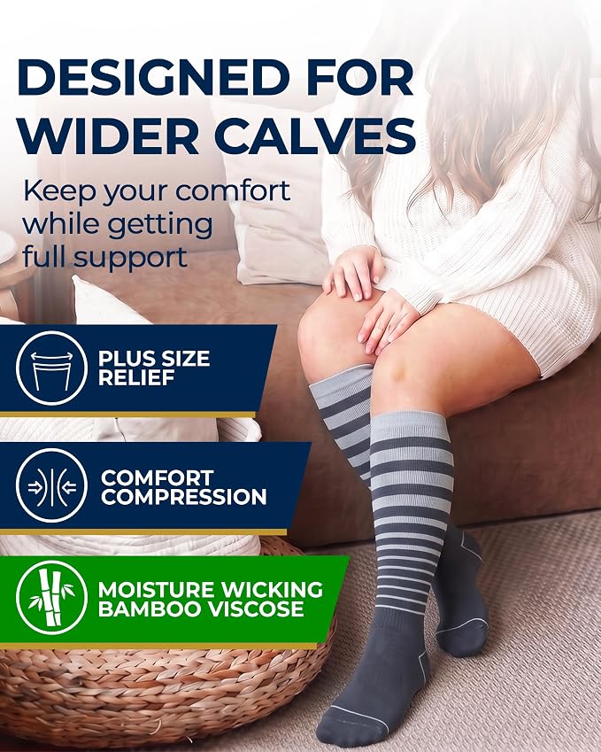 Pembrook 3 Pairs Plus Size Compression Socks Wide Calf - Bamboo Viscose Compression Socks for Women Wide Calf - Image 2