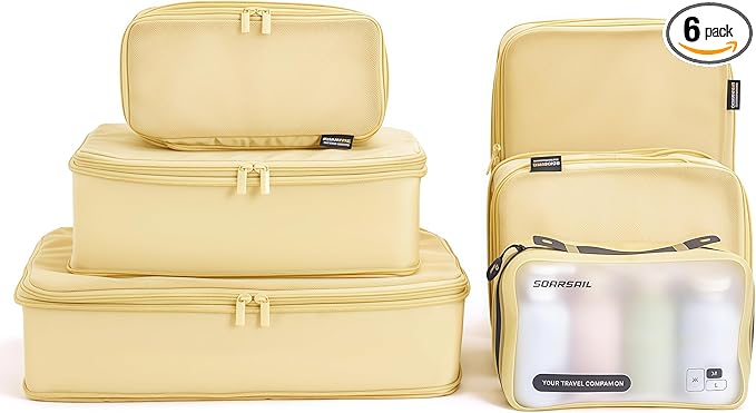 6 Set Compression Packing Cubes for 7–14 Day Travel, Bright Yellow | Nylon Oxford Fabric, Full Breathable Mesh, Reinforced Double-Zipper, Small to Large Size Bag, Expandable Packing System by SOARSAIL