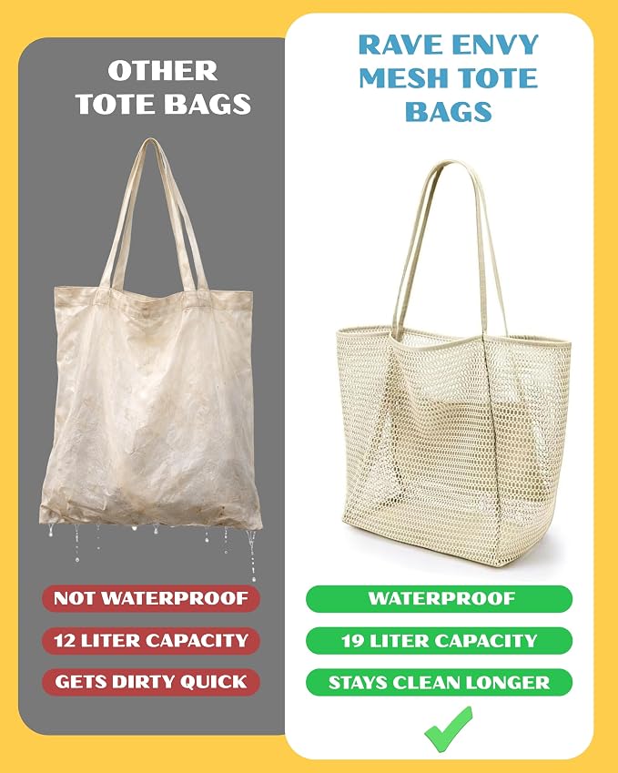 Rave Envy Large Mesh Beach Tote Bag - Waterproof Pool & Travel Beach Bag | Large Capacity | Sturdy Base | Lightweight Foldable Design | Quick-Drying Breathable Fabric | Spacious Multi-Pocket Storage - Image 8