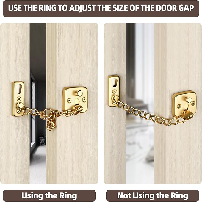 Mooche Door Chain Lock, Chain Door Lock with Spring Anti-Theft Press Lock | Thickened Stainless Steel Door Latch Guard with Screws for Interior Outdoor Toilet Barn Fence Garage (Gold) - Image 4