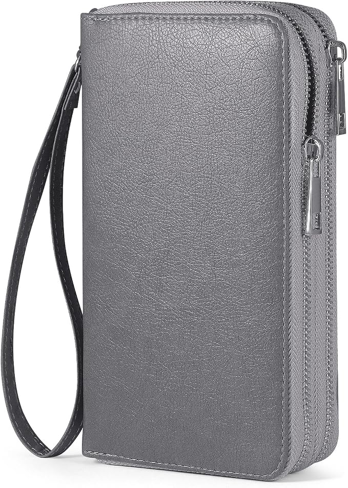 RFID Blocking Cellphone Wristlet Bag for Women Dual Zipper Travel Purse Large Capacity 17 Card Holder Ladies Phone Clutch with Removable Strap, Grey by HAWEE