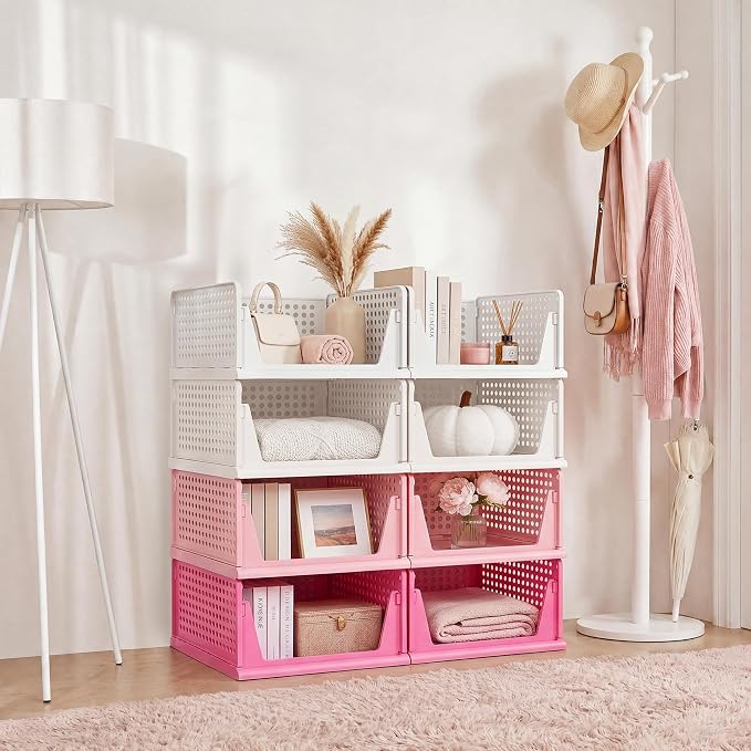Pink Girl Closet Organizers and Storage Stackable Plastic Drawer Basket for Clothing Stackable Storage Bins Shelf Storage Container for RV Closet Wardrobe Bedroom Bathroom Playroom 8 Pack - Image 5