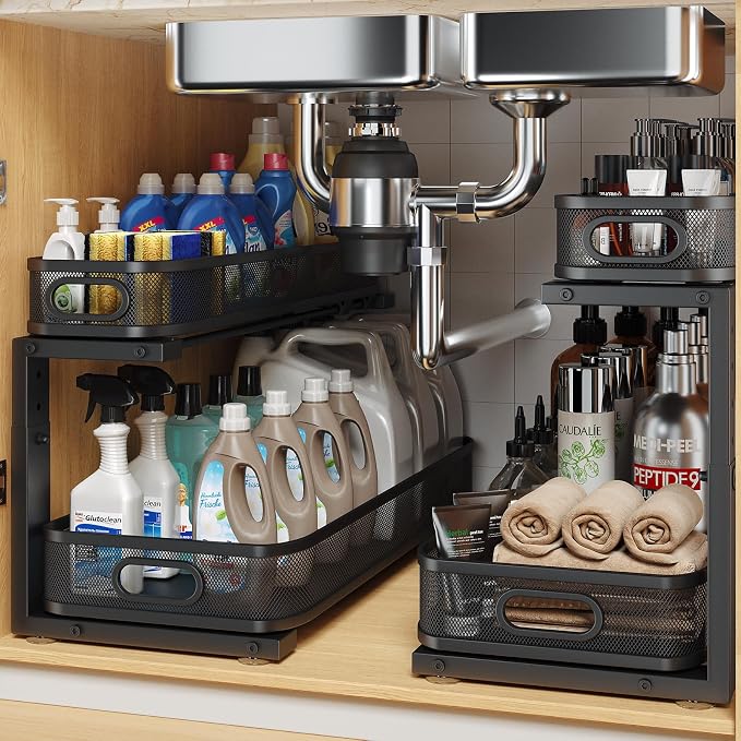 2 Pack 21.3IN-Depth Under Sink Organizer with Smooth Cylindrical Rail,2-Tier Pull Out Multi-Purpose Cabinet Storage for Bathroom&Kitchen,Height Adjustable,Rust-Resistant Coating-Black by UnderSinkOrganizer