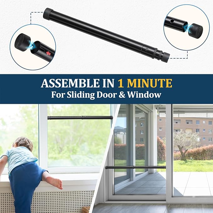 3-in-1 Door Security Bar, Heavy-Duty Metal Rod Sliding Patio Door Security Bar with 2.8" Non-Slip Base, 16"-41.7" Adjustable Door Barricade Security Bars for Doors & Windows,Home,Renters,Apartments - Image 4