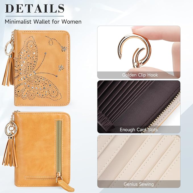 KITEVIUN Women RFID Blocking Small Bifold Wallet, Compact Cash Clutch with Zipper Coin Pocket, Glittery Butterfly Design, Credit Card Holder, Travel Purse with Tassel YELLOW - Image 5