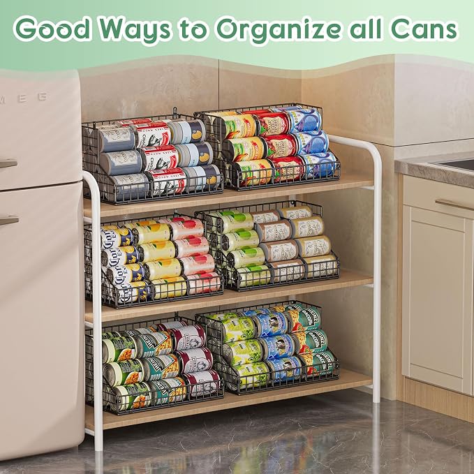 4 Pack Stackable Can Rack Organizer for Pantry Storage,Can Dispensers with 4 Adjustable Dividers, 2-Tier Metal Wire Basket Holds up to 84 Cans for Kitchen Cabinet Pantry, Black - Image 3