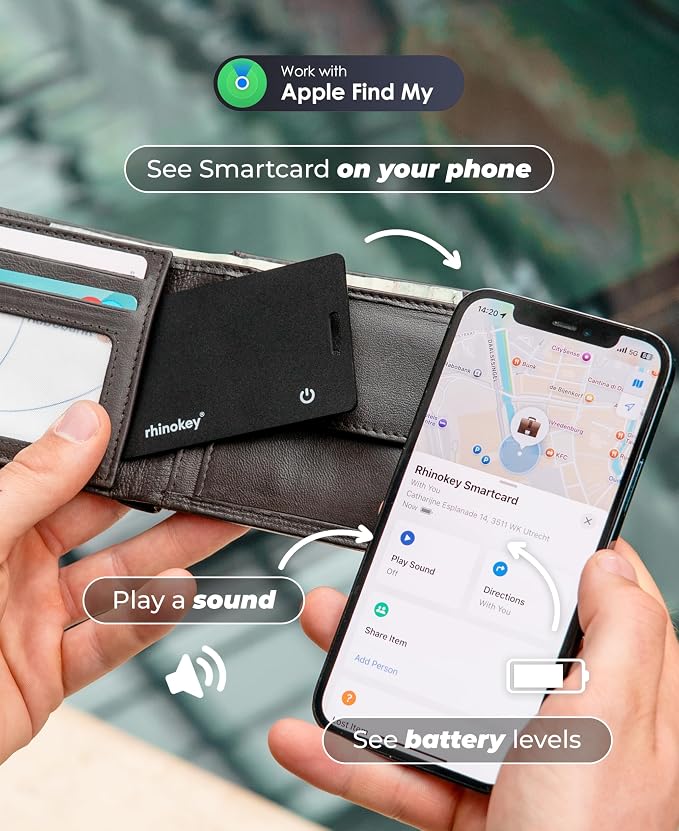Rhinokey® Wallet Tracker Card Apple MFi Certified,0.07in IP68 Rechargeable | (iOS Only) Slim 0.07in Rechargeable IP68 Waterproof Tracker Item Finder Credit Card Tracker with Keychain Hole for Luggage - Image 4