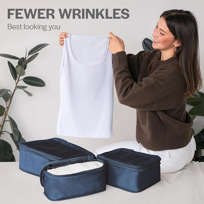 Compression Packing Cubes for Travel, 4-Pack, Dark Blue | Solves overpacking, 4-Piece set fits most carry-ons, 50% Space savings, Compression luggage organizer bags - Image 8