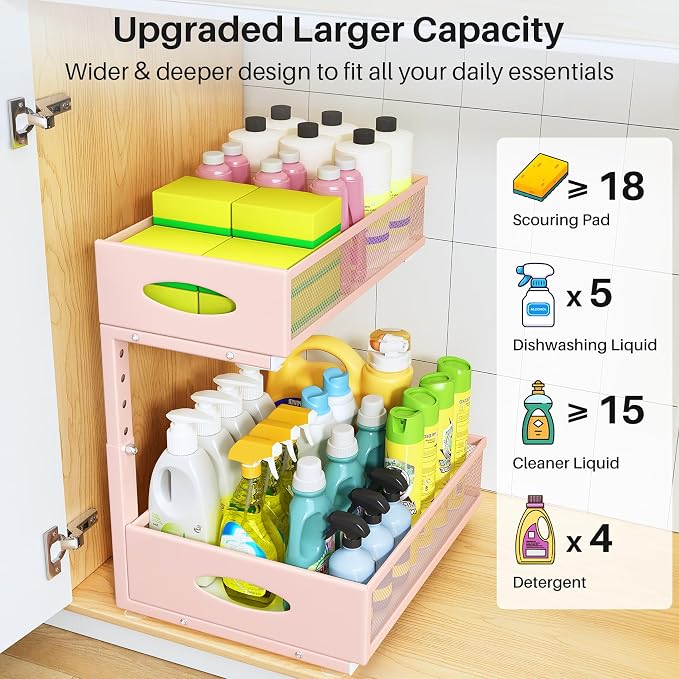Under Sink Organizer, 2 Tier Pull Out Under Cabinet Organizer Shelf with Pad for Framed Cabinets, Metal Slide Out Under Sink Storage, Mesh Sliding Drawers for Kitchen Bathroom Laundry(Pink, 1 Pack) - Image 3